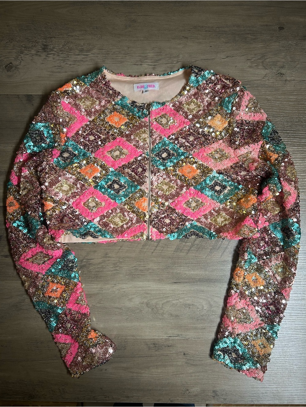 Elsie & Fred Pink Multicolor Cropped Sequin Party Jacket